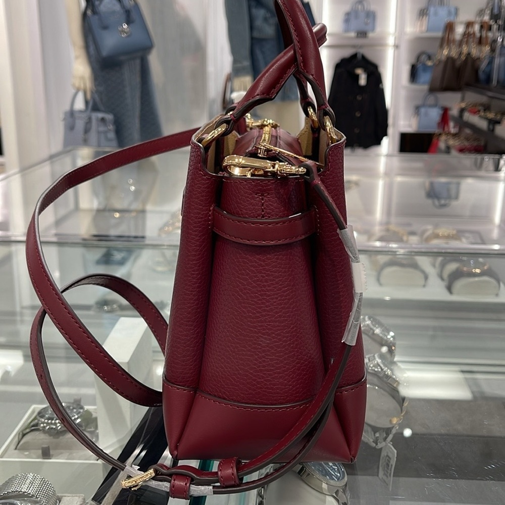 Michael Kors Reed Small Dark Cherry Leather Center Zip Belted Satchel Bag Purse - Picture 15 of 16